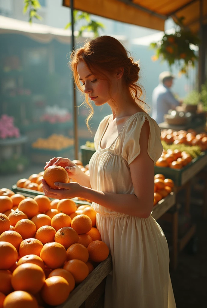 girl, age 25, Light red hair, shopping at a village market. Picking oranges.Provence. haze. 超detailded. Provence. Foggy . High grain film. retro photography, David Hamilton Style. Analog photography. Refraction of light due to fog. grainy. nymph.