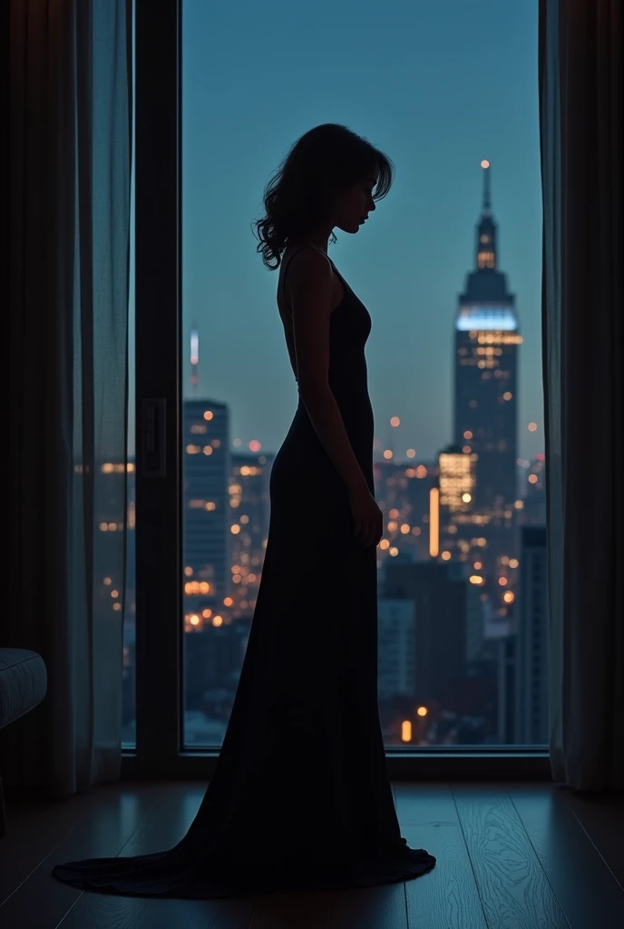 A girl in a long, form-fitting dress, bathed in the soft light of the night, side view. The highest quality of detail, against the backdrop of the night city, seen through a large window in a room with dim light.