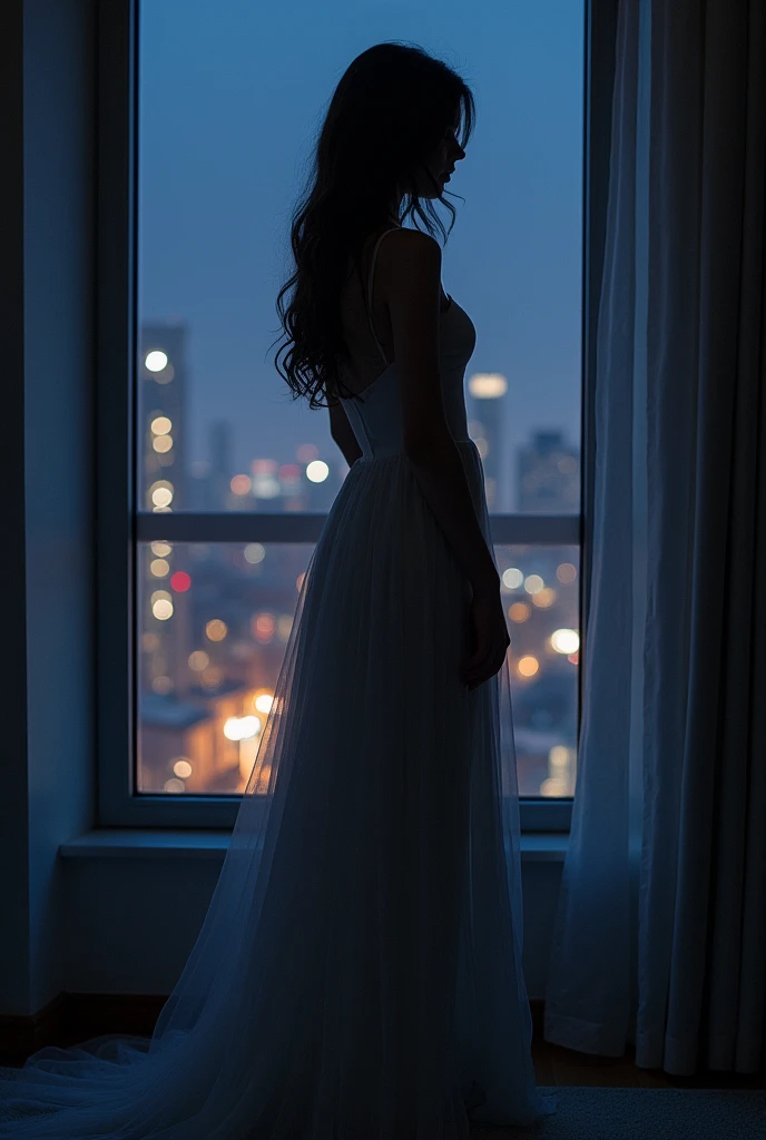 A girl in a long, form-fitting dress, bathed in the shadows of light, side view, with the highest quality of fine details, against the backdrop of a nighttime city through a large window in the room. A soft light falls on the girl.