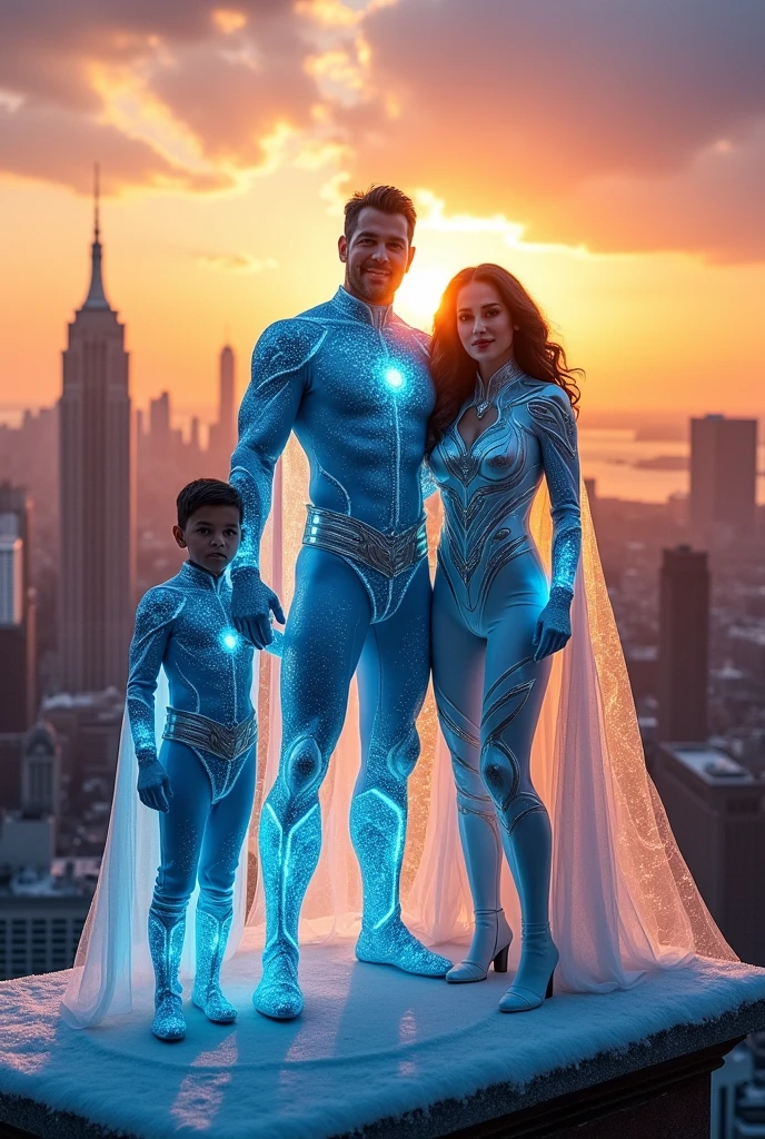 Ice man in hero costume with his son and wife but they all in costume