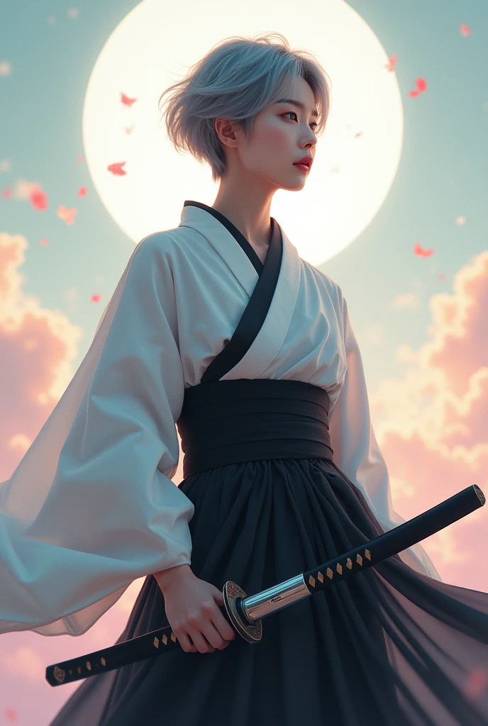 Wearing a black and white yukata and holding a sword、Beautiful Korean woman with short grey hair. Surrealism style. Pastel Tones. Mid Shot. Dramatic Light.