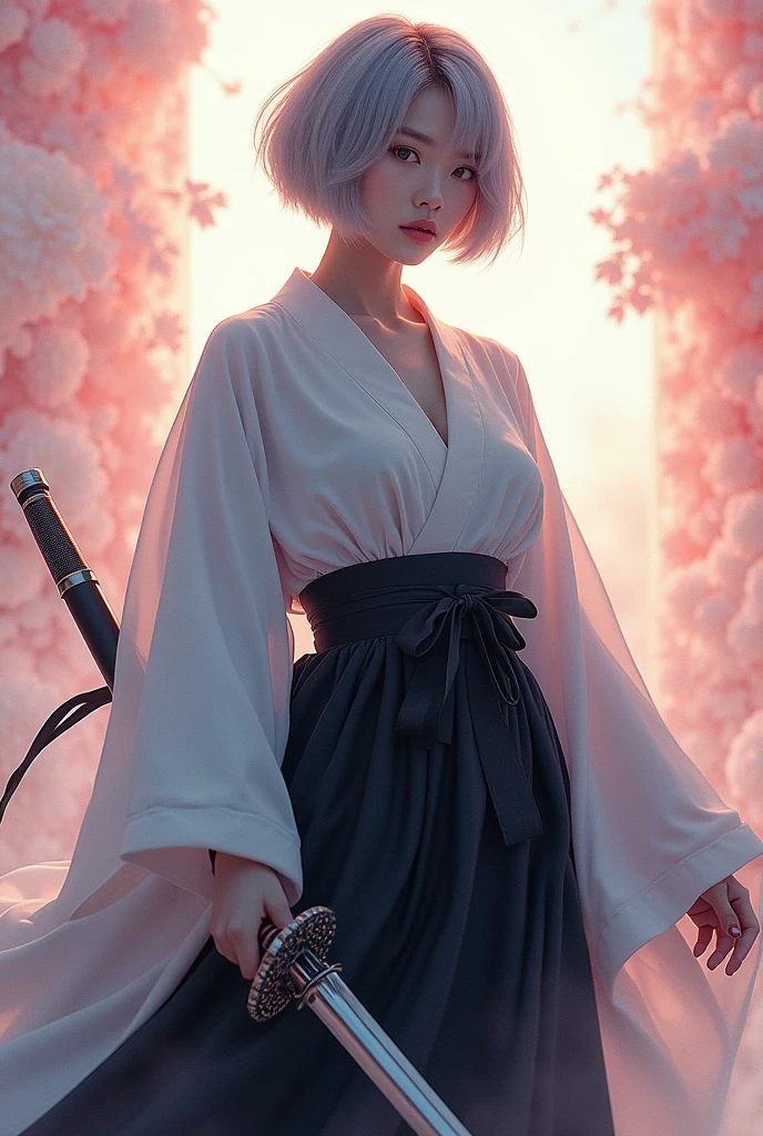 Wearing a black and white yukata and holding a sword、Beautiful Korean woman with short grey hair. Surrealism style. Pastel Tones. Mid Shot. Dramatic Light.