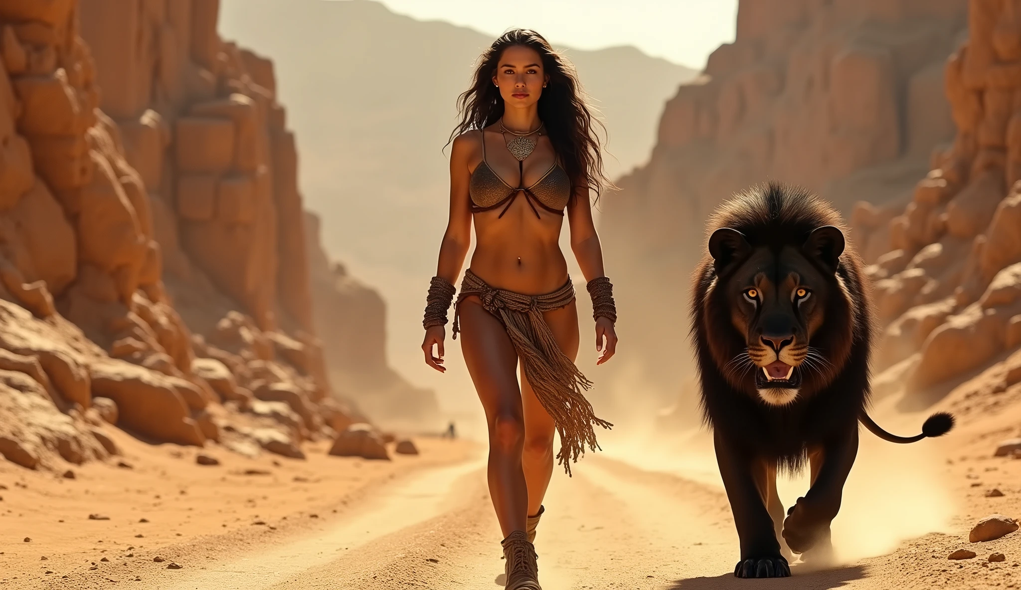 an attractive naked female barbarian warrior fighting barehanded against a snow leopard