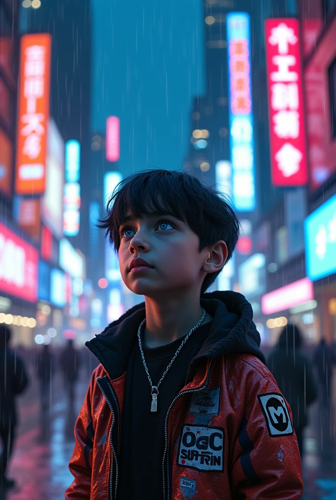 Create me a image of a cyberpunk boy character with blue eyes and black hair (anime version)