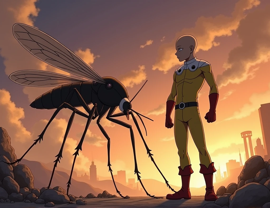 saitama one punch man tremble in fear, dress with yellow cloth, fighting with giant ugly mosquito smashing them