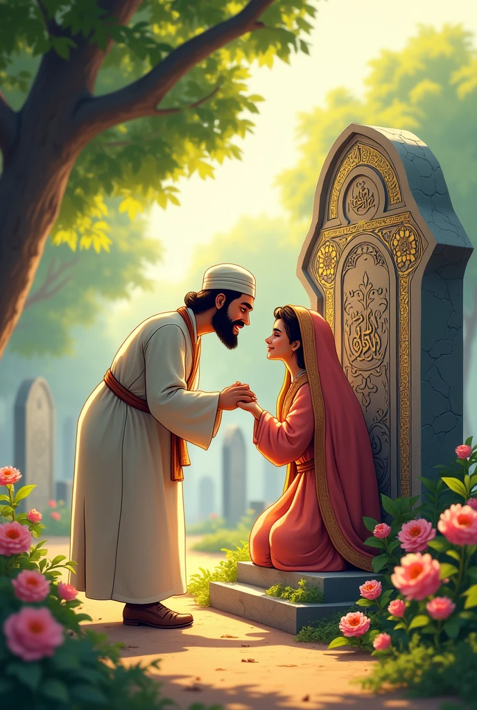 (Cartoon of a man kissing the hand coming out of a Muslim grave. They are both muslim