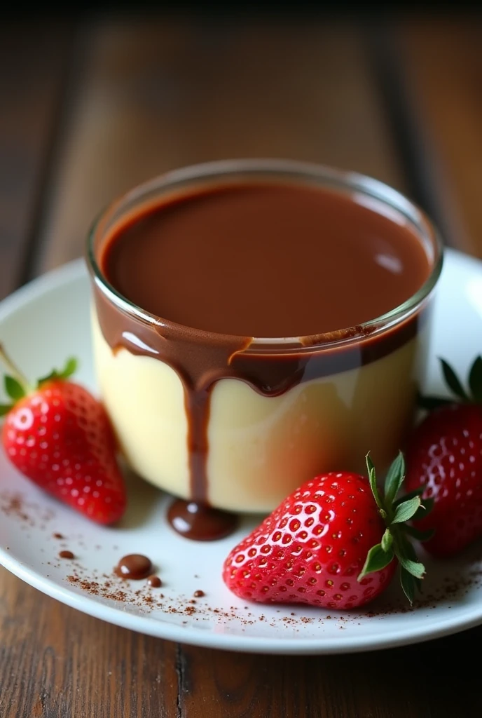 Banana mousse, with strawberry, Vanilla Whey Protein with chocolate topping in a dish. Around the dish, I want the ingredients arranged