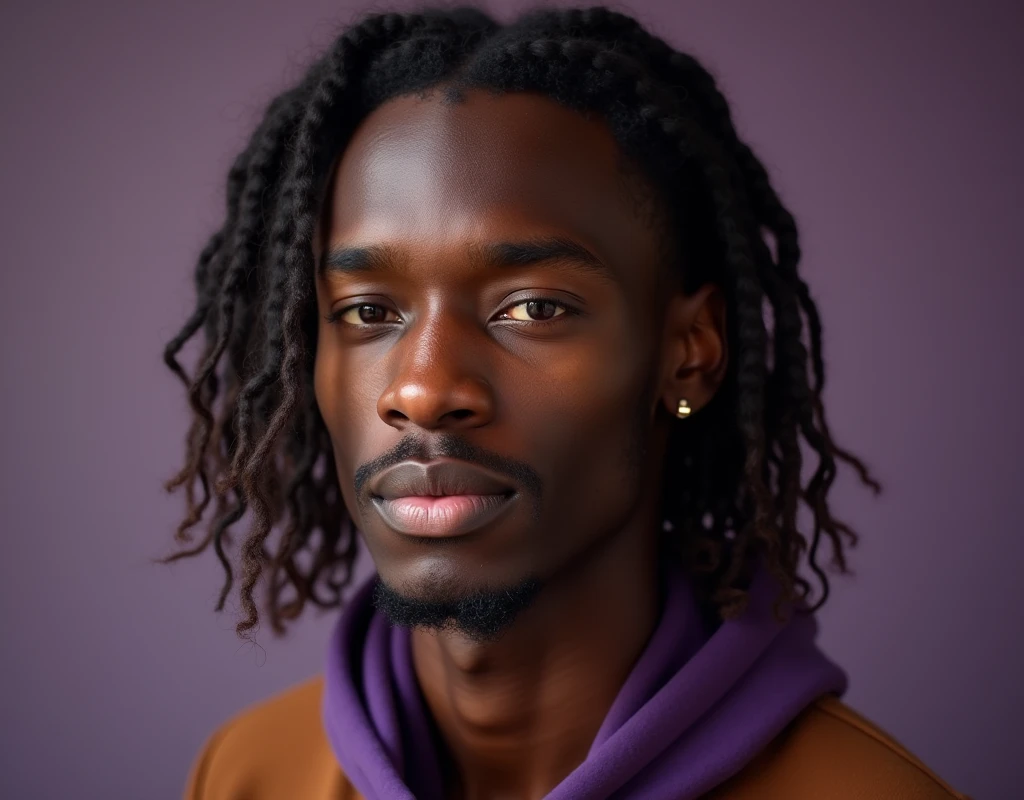 headshot of a very tall French-Nubian featured male, loose relaxed curls parted to the side hair, toned body, ebony skin, vibrant purple eyes, tall thin toned body. Kind expression. Wearing brown and purple clothes.