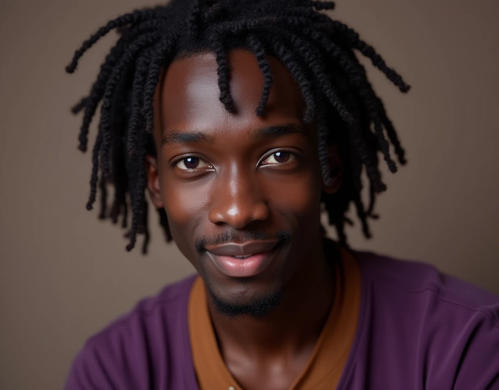 headshot of a very tall French-Nubian featured male, loose relaxed curls parted to the side hair, toned body, ebony skin, vibrant purple eyes, tall thin toned body. Kind expression. Wearing brown and purple clothes.