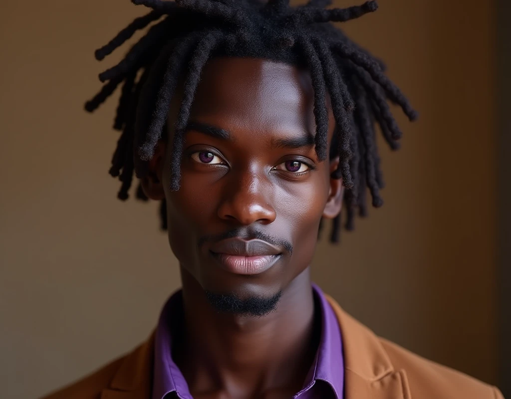 headshot of a very tall French-Nubian featured male, loose relaxed curls parted to the side hair, toned body, ebony skin, vibrant purple eyes, tall thin toned body. Kind expression. Wearing brown and purple clothes.
