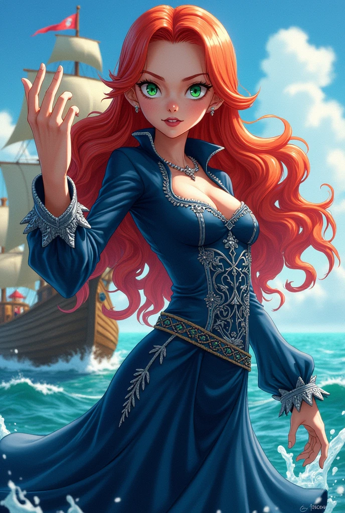 create a character from the One Piece universe, red, wavy hair down to her hips, skin fair, green eyes and dark blue clothing, possessing the Water Devil Fruit