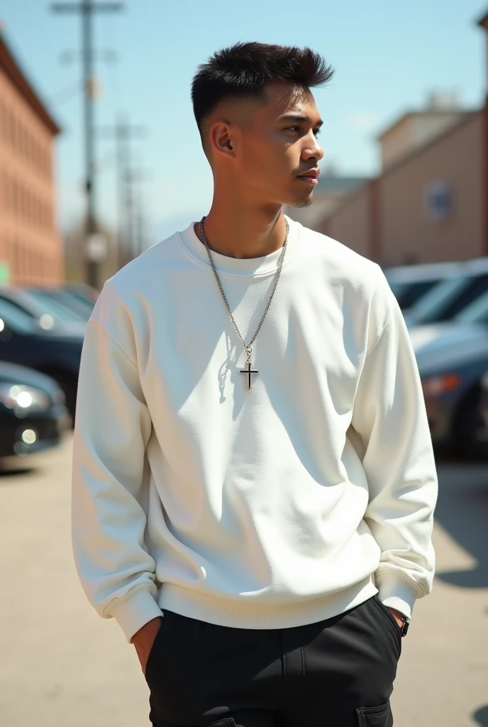 best qualityer:1.4), (ultra high resolution:1.2), (photorrealistic:1.4), (8k, CRU photo:1.2), a thin young man of 20 years old, light brown skin, with a smooth, beardless face, short American haircut on the sides and top, He's wearing a white sweatshirt, wearing black men's cargo pants, with a thin silver chain with a cross symbol, he is in a parking lot as if he were walking looking to the left 