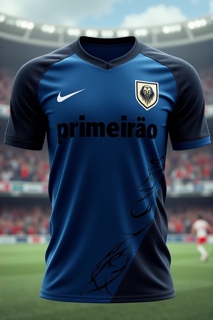 Create a school jersey made of mesh fabric with the text 'primeirão' and a symbol image of God Poseidon. The primary color is navy blue, and the secondary color is black.