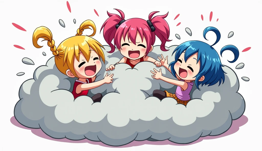 An anime-style illustration depicting three girls playfully wrestling with each other inside a light gray comical fight cloud .
each girl has different  colored hair: one with blonde braided,another  with pink ponytaile,and one with blue bobcuts.
their faces,hands,and feet are visible emerging from the cloud as they tussle humorously,  with the rest of their bodies completely hidden inside the cloud.
the illustration emphasizes the humorous and energetic nature of their scuffle,with a fluffy  andexaggerated fight cloud.