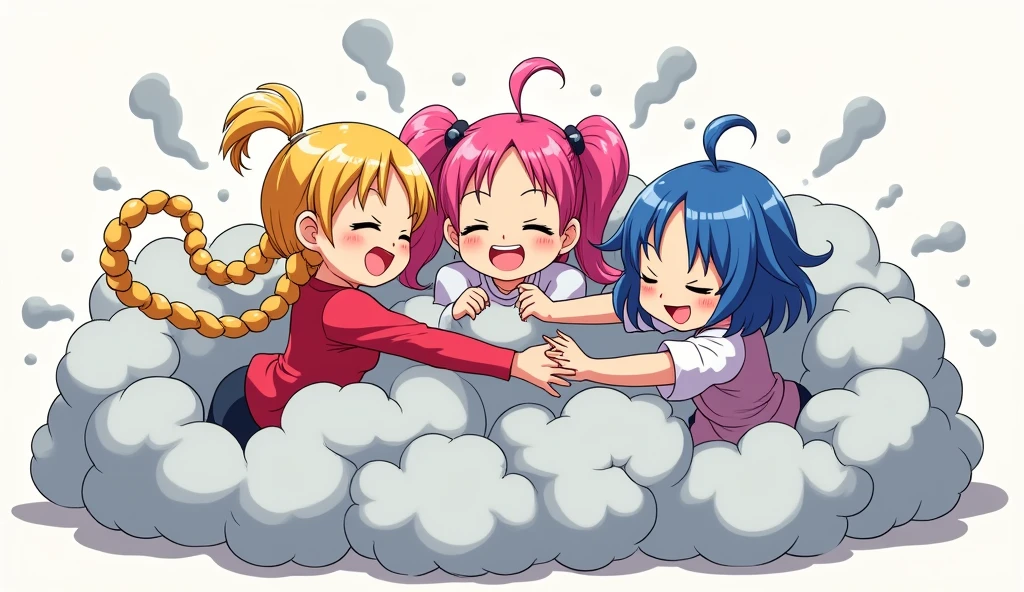 An anime-style illustration depicting three girls playfully wrestling with each other inside a light gray comical fight cloud .
each girl has different  colored hair: one with blonde braided,another  with pink ponytaile,and one with blue bobcuts.
their faces,hands,and feet are visible emerging from the cloud as they tussle humorously,  with the rest of their bodies completely hidden inside the cloud.
the illustration emphasizes the humorous and energetic nature of their scuffle,with a fluffy  andexaggerated fight cloud.