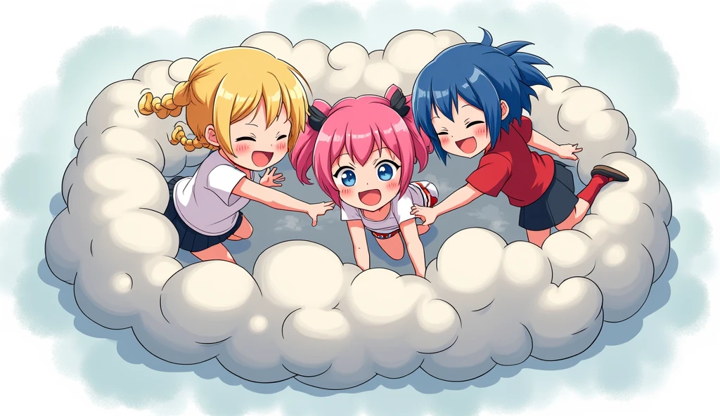 An anime-style illustration depicting three girls playfully wrestling with each other inside a light gray comical fight cloud .
each girl has different  colored hair: one with blonde braided,another  with pink ponytaile,and one with blue bobcuts.
their faces,hands,and feet are visible emerging from the cloud as they tussle humorously,  with the rest of their bodies completely hidden inside the cloud.
the illustration emphasizes the humorous and energetic nature of their scuffle,with a fluffy  andexaggerated fight cloud.