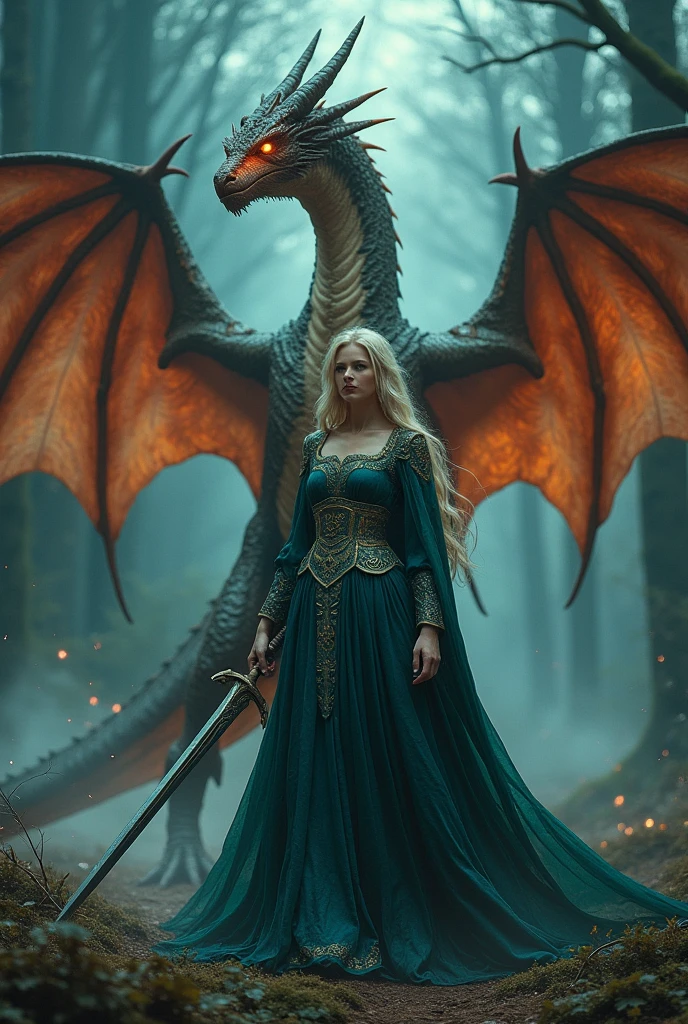 Beautiful witch with a long dress and long cloak holding a sword with a large dragon behind her