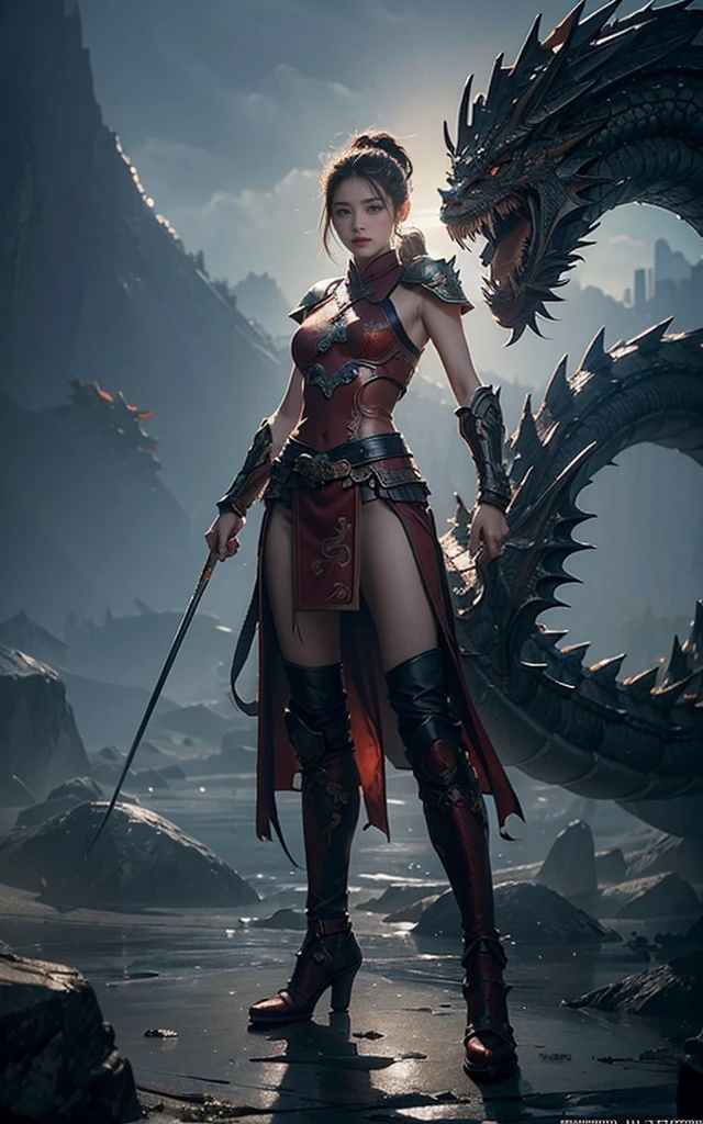 Ultra-high resolution,High-resolution details,photo (Female warrior with Chinese dragon in the background), full-body shot,20 years old woman,The face is delicate and beautiful,Very detailed, 8K, illustration, Concept Art, Clear focus, Volumetric Lighting, Epic creation,blur background