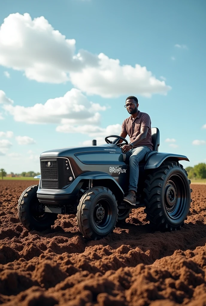 Electric farm tractor, with a tool ploughing land at the back of the tractor, powered by the rhiflux electro cube on the front of the tractor, on the back a black African famer, with the name Rhiflux on the tractor ,with smart technology