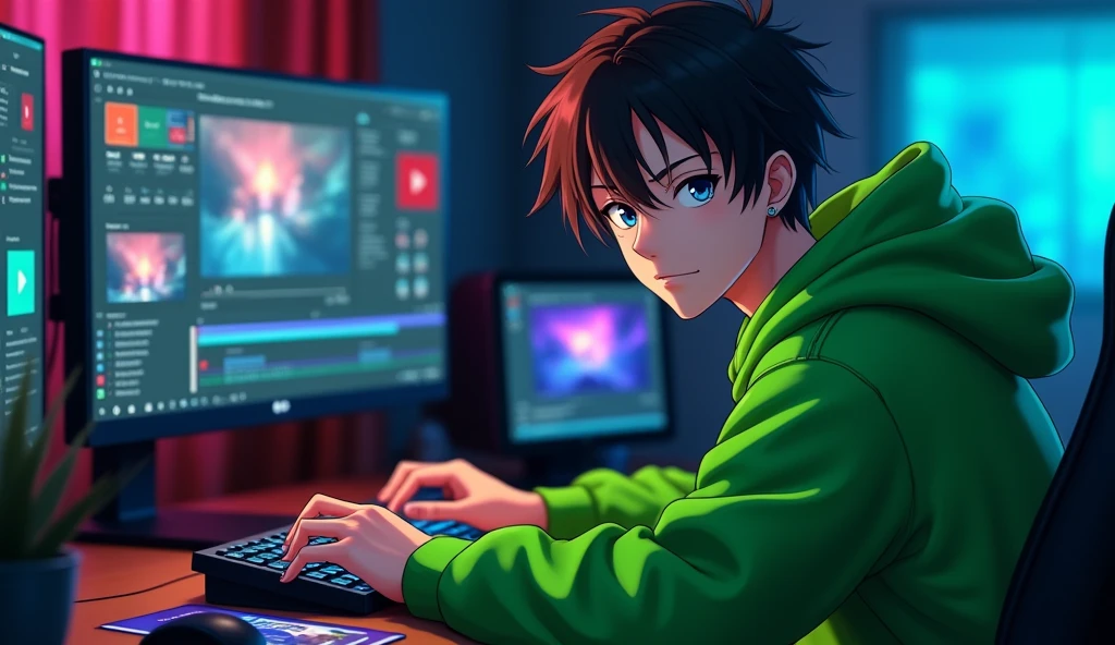 Create an anime-style image of a young male character, aged between 18 and 22, dressed in green clothing. He should be sitting in a modern editing studio, facing forward and making eye contact with the viewer. The studio should have YouTube-related elements in the background, such as play buttons or channel icons, and various editing tools like a computer, keyboard, and graphic tablet should be visible. The background should be dark with matching lighting that complements the green of the character’s clothing, creating a cohesive and atmospheric look. The character should not be looking at a computer screen but instead should be looking directly at the viewer with a focused expression.( Anime realistic 3D render )