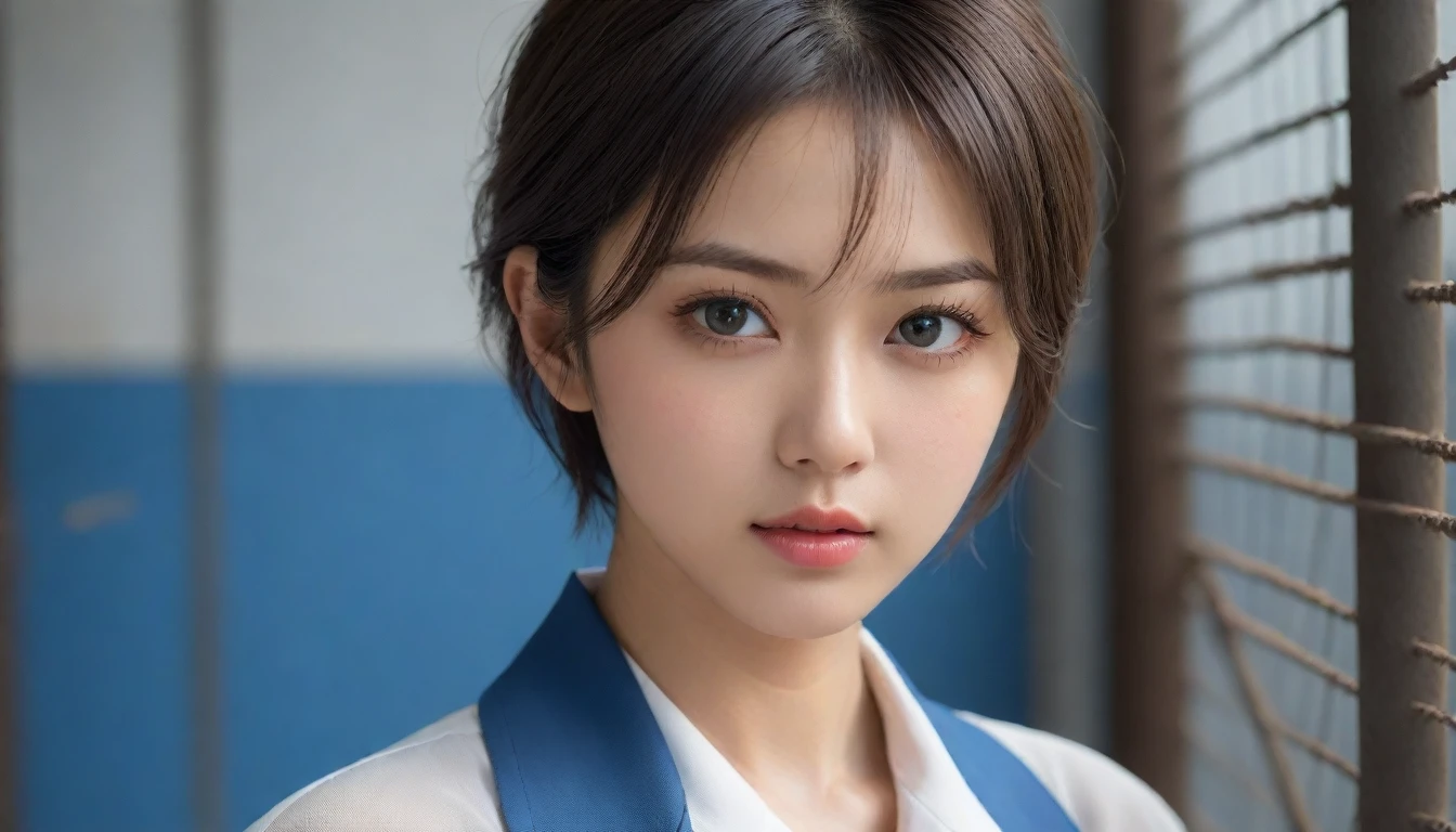8k, Ultra-high resolution, Highest quality, masterpiece, 三分割法によるphotograph,Surreal, photograph, 1 , (:1.3), cute, cute顔, 細部までBeautiful Eyes, 細かくdetailedに,masterpiece,One Girl:1.2,Japanese women,Young Wife,cowboy shot,glaring,Black short hair,messy hair,(Dirty work clothes:1.3),Staring through the wire mesh,Blue Collar,Factory wall,(Beautiful attention to detail),Subtle details, detailedな顔,anger,Attractive eyes,(ポートレートphotograph:1.4),(Photorealistic images:1.4),Fantasy art,(Beautiful Face:1.4),美しくAttractive eyes、Beautiful Eyes、Grayscale 16Bits(Tight waist:1.4)、(Beautiful with perfect body proportions:1.4),Pink Lips,Looking at the audience,(((Ideal body type))),A-cup small breasts :2,、Portraiture:2、Perfect Anatomy、鮮明なdetailed、detailed,Fashion magazine cover,Thin lips,完璧でBeautiful Face ,完璧でcute顔, Skin with attention to detail, Perfect limbs、Narrow waist,Surreal,Light and shadow,backlighting