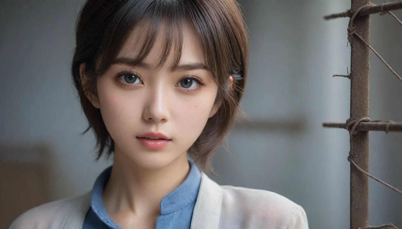 8k, Ultra-high resolution, Highest quality, masterpiece, 三分割法によるphotograph,Surreal, photograph, 1 , (:1.3), cute, cute顔, 細部までBeautiful Eyes, 細かくdetailedに,masterpiece,One Girl:1.2,Japanese women,Young Wife,cowboy shot,glaring,Black short hair,messy hair,(Dirty work clothes:1.3),Staring through the wire mesh,Blue Collar,Factory wall,(Beautiful attention to detail),Subtle details, detailedな顔,anger,Attractive eyes,(ポートレートphotograph:1.4),(Photorealistic images:1.4),Fantasy art,(Beautiful Face:1.4),美しくAttractive eyes、Beautiful Eyes、Grayscale 16Bits(Tight waist:1.4)、(Beautiful with perfect body proportions:1.4),Pink Lips,Looking at the audience,(((Ideal body type))),A-cup small breasts :2,、Portraiture:2、Perfect Anatomy、鮮明なdetailed、detailed,Fashion magazine cover,Thin lips,完璧でBeautiful Face ,完璧でcute顔, Skin with attention to detail, Perfect limbs、Narrow waist,Surreal,Light and shadow,backlighting