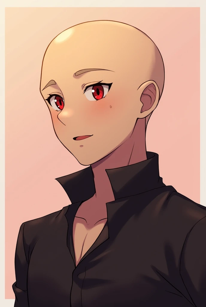 A man with red eyes and no hair on his head. A detailed anime-style portrait of a young character standing with no hair on his head. His face looks clear. He looks forward normally with a slight smile. It is seen that he is not wearing any clothes The plane in the background is one color