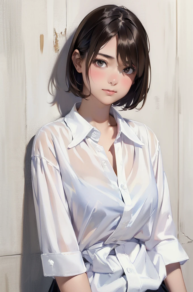 High Definition, Beautiful Japanese Idol Teenage Girl with Dark Hair, Dark Beautiful Droopy Eyes, ((Very Short Hair)), Silk Skin, Blush, Bashful Face, Photorealistic, Portrait, Masterpiece Painting, One Woman (White Shirt:1.5), Flat Breasts, 8K, Leaning Against White Wall, Shadow, High Contrast