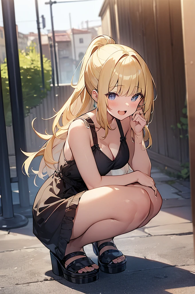 (Masterpiece, Top quality:1.5), nsfw, (dynamic angle:1.2), (1 beautiful girl, solo:1.2), squatting down, (Blonde hair:1.3), ponytail, medium Hair, wavy Hair, asymmetry bangs, swept bangs, airy hair, large breasts:1.2, , (sundress:1.3), smile:1.3:1.4, blush, beautiful scene of narrow alley, magnificent panorama view, blurry background ,open mouth