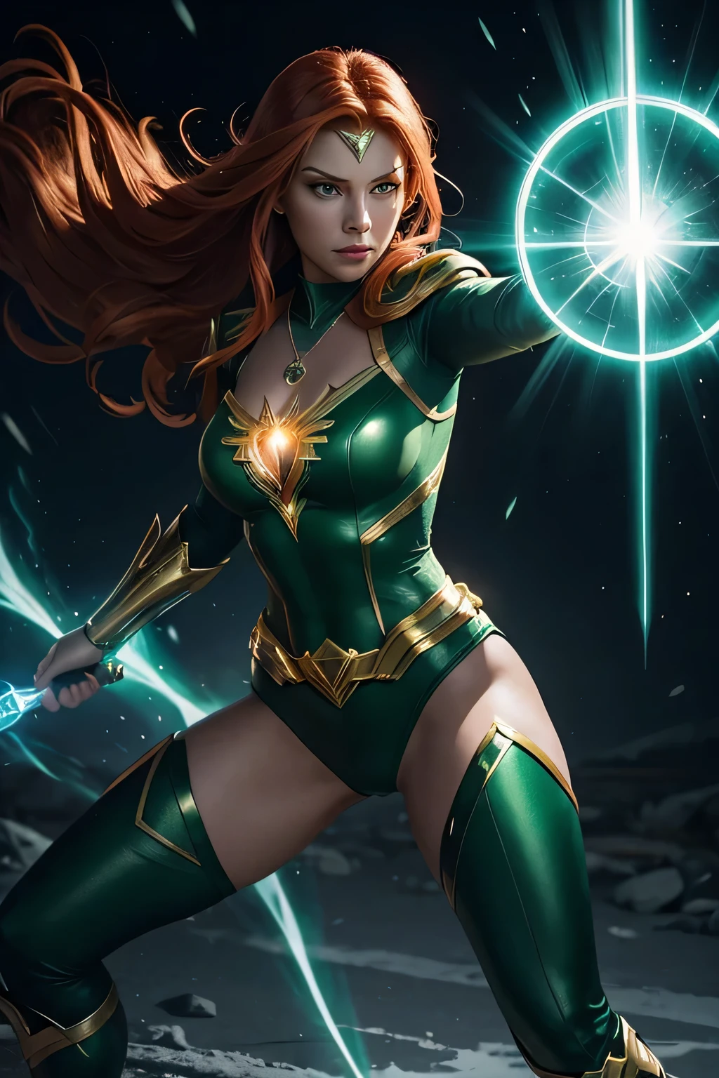 Legacy Lady, a superheroine, wielding a glowing energy blade generated from her pendant. She charges at her enemies with determination, the blade emitting a cold, icy aura. She has very long shining redhead and outward curl hair, She wears a long-sleeve leotard, high-cut pants, and thigh-high boot tights. Her costume is all shining green. Adorned with an emerald pendant, full body shot, Legacy Lady, a superheroine, creating a glowing energy shield from her pendant to block incoming attacks. She stands firm, her eyes focused, as the shield deflects enemy projectiles