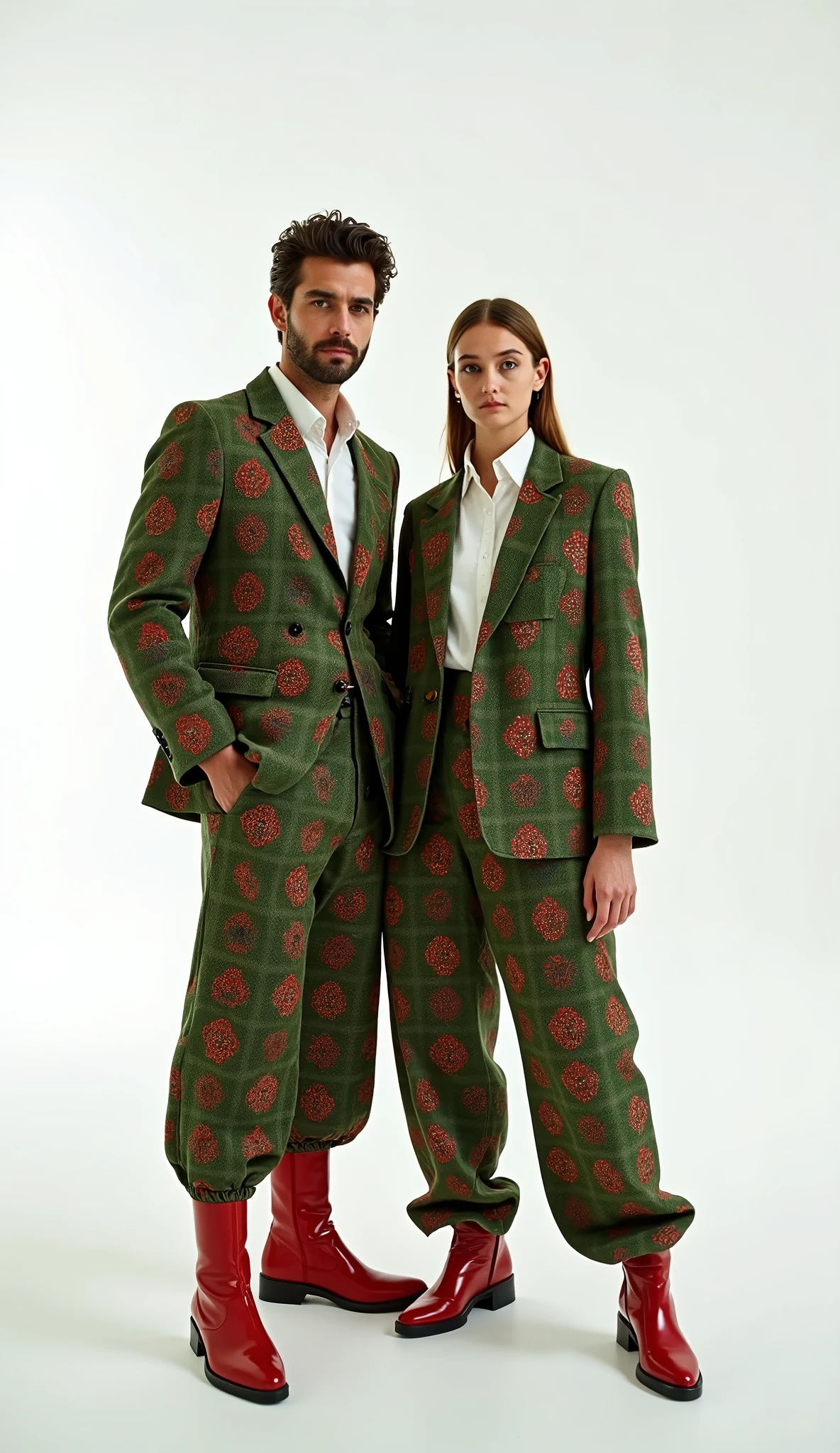 woman and man wearing green red classic suit with lot of palesteinian pattern ,oversize pants, white shirt ,kufia , high boots ,white background , model , photoshooting ,space between them , posing