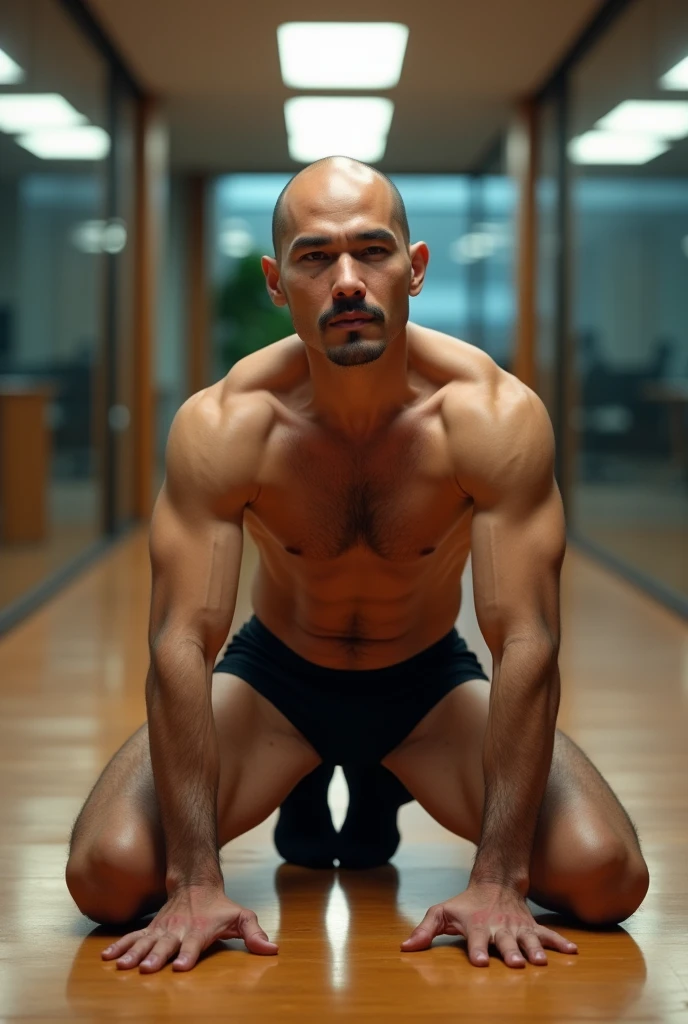 40 years old，Hidetoshi Nakata，（Kogoro Mori 1.3），whole body，Lean，muscle，office，Kneeling，black，foot，black袜子，Baldhead ，transparent，Thick body hair，underwear，Topless，Densely hairy，Fortitude，HD，With a mustache