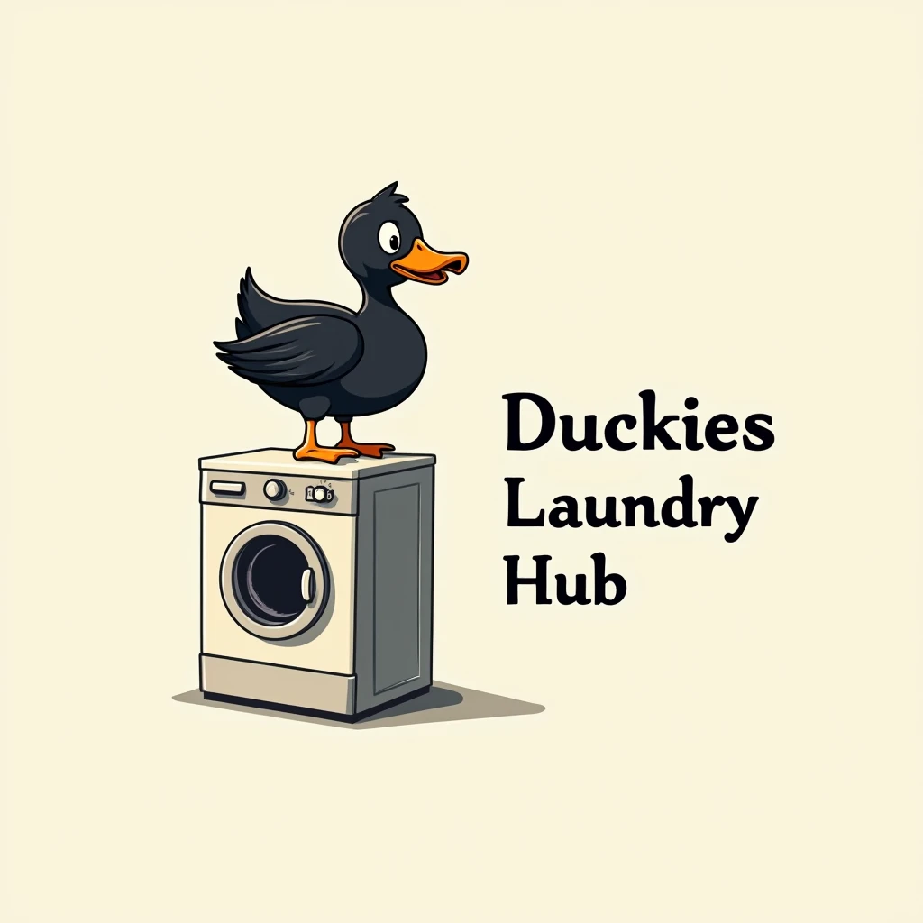 simple logo with black duck sitting above the washing machine, put caption at the right of the picture with "Duckies Laundry Hub"