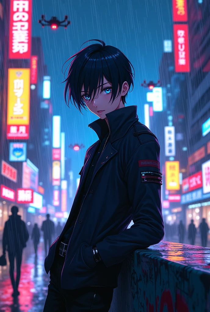 Create me a image of a cyberpunk anime boy character with blue eyes and black hair (anime version)
