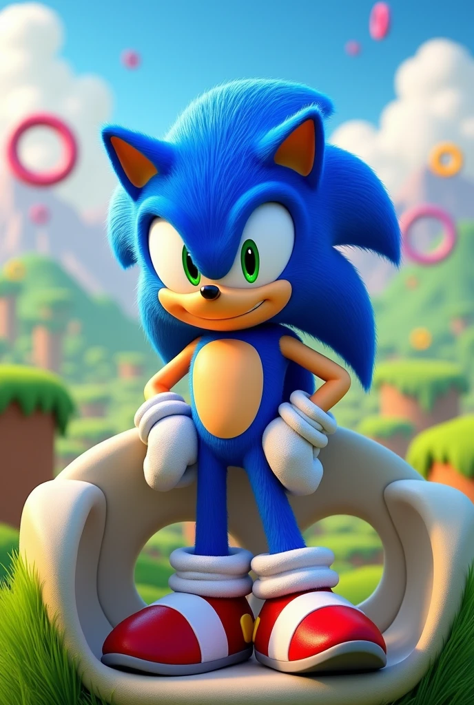 Sonic the hedgehog , solo, looking at viewer, smile, 1boy, standing, full body, sitting on chair, looking at viewer