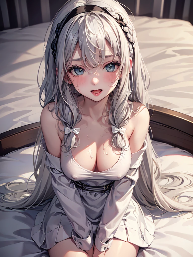 1Girl, 25 years old, Solo, Anime, Ideal body, (Cleavage, Small breast). Beautiful, Gorgeous, Fresh, Blunt Bangs, (White Grey Hair:1.5),(Straight and Wavy Long Hair:1.3), colorful cloth, random cloth, casual shirt, casual dress, casual skirt, camisol, cotton texture, laced cloth, casual pants, Off-Shoulder, Oversize, Comfort, Loose shirt, Fabric Texture. (Sit on bed:1.3). Earrings, Thin Black Headband, Green Accessories, Environmental Details, Bed Room, Natural Light, Modern Bed, Chair, Window, White Curtain, City View. pov, anime style, UHD, retina, masterpiece, accurate, anatomically correct, textured skin. High Resolution, Looking at viewer, Blush, Best Quality, Award Winning, Accurate, Embarrassed, seductive smile, sweating, Naughty Face, Chin up, lips open, Gradient Eye Color, Sexy Pose. Top view shot, body bent to viewer ,front of camera, looking up to viewer, tongue out, open mouth. From Above, Close-Up, (sticky goo on breast), (white goo on body), (sweating). Milk, white milk on breast.