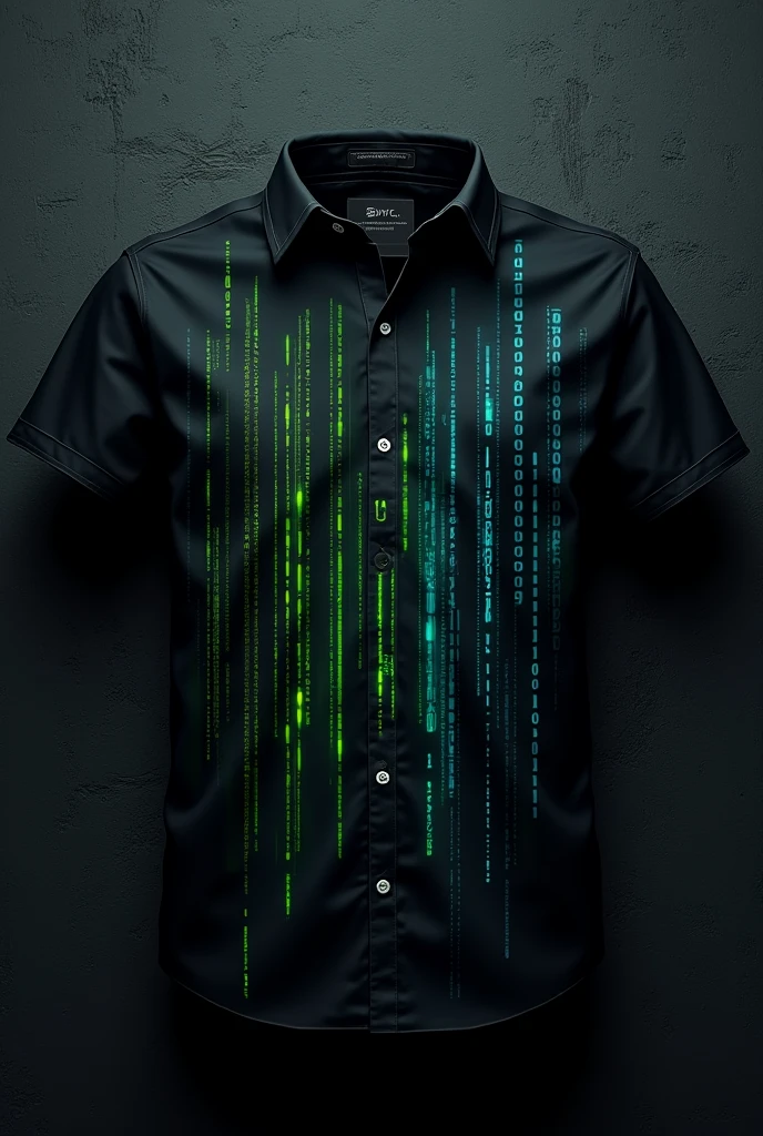 
Shirt with visible binary numbers in a gradient on the lower part of the shirt, ONLY ON THE BOTTOM PART OF THE SHIRT, It's just that the numbers go up to halfway down the shirt and the shirt is black