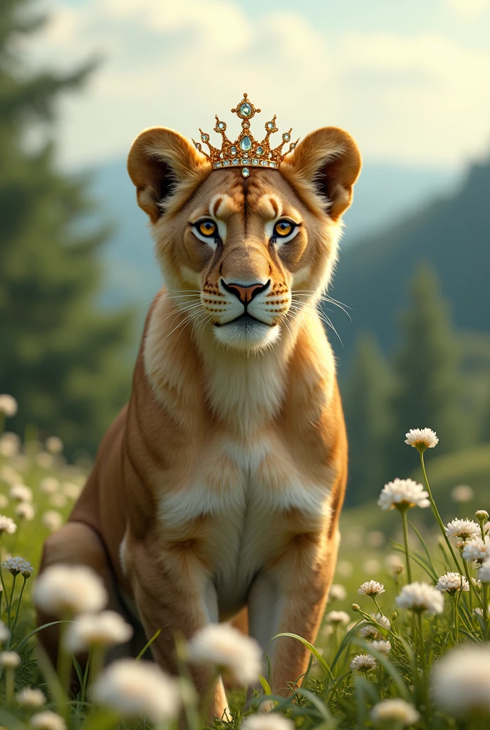 A beautiful and delicate, strong and courageous female lioness without a mane in a stunning landscape with a forest and white flowers and an ultra-realistic 8k full hd crown
