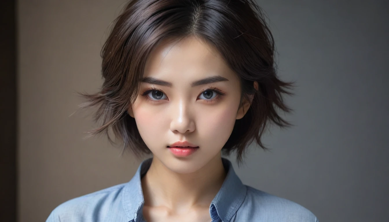 8k, Ultra-high resolution, Highest quality, masterpiece, 三分割法によるphotograph,Surreal, photograph, 1 , (:1.3), cute, cute顔, 細部までBeautiful Eyes, 細かくdetailedに,masterpiece,One Girl:1.2,Japanese women,Young Wife,cowboy shot,glaring,Black short hair,messy hair,(Dirty work clothes:1.3),Staring through the wire mesh,Blue Collar,Factory wall,(Beautiful attention to detail),Subtle details, detailedな顔,anger,Attractive eyes,(ポートレートphotograph:1.4),(Photorealistic images:1.4),Fantasy art,(Beautiful Face:1.4),美しくAttractive eyes、Beautiful Eyes、Grayscale 16Bits(Tight waist:1.4)、(Beautiful with perfect body proportions:1.4),Pink Lips,Looking at the audience,(((Ideal body type))),A-cup small breasts :2,、Portraiture:2、Perfect Anatomy、鮮明なdetailed、detailed,Fashion magazine cover,Thin lips,完璧でBeautiful Face ,完璧でcute顔, Skin with attention to detail, Perfect limbs、Narrow waist,Surreal,Light and shadow,backlighting