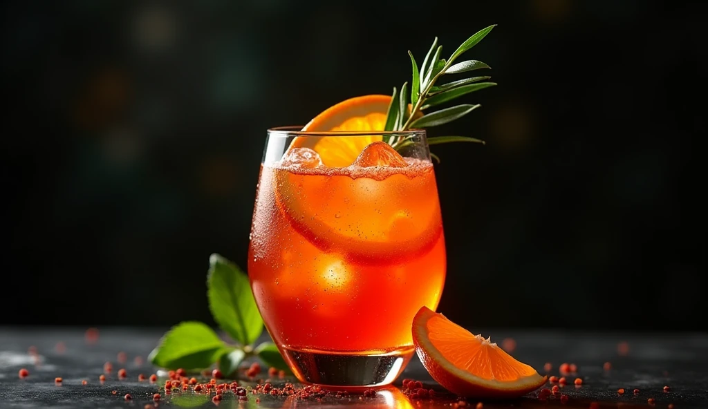 full shot photography upper angle shot with a strong accent to cocktail aperol spritz on the black background tropical aesthetics food book photography 35 mm movie frame epic scene cinematic 3d, strong 8k uhd quality