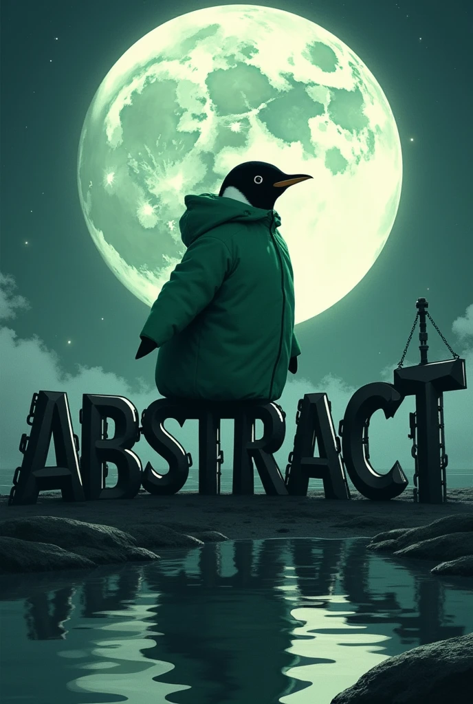 in anime dark art, a black white penguin a gree jacket sitting on the green big chained word ABSTRACT chained on the word. on a moon making only the Abstract as light so the aliens can see