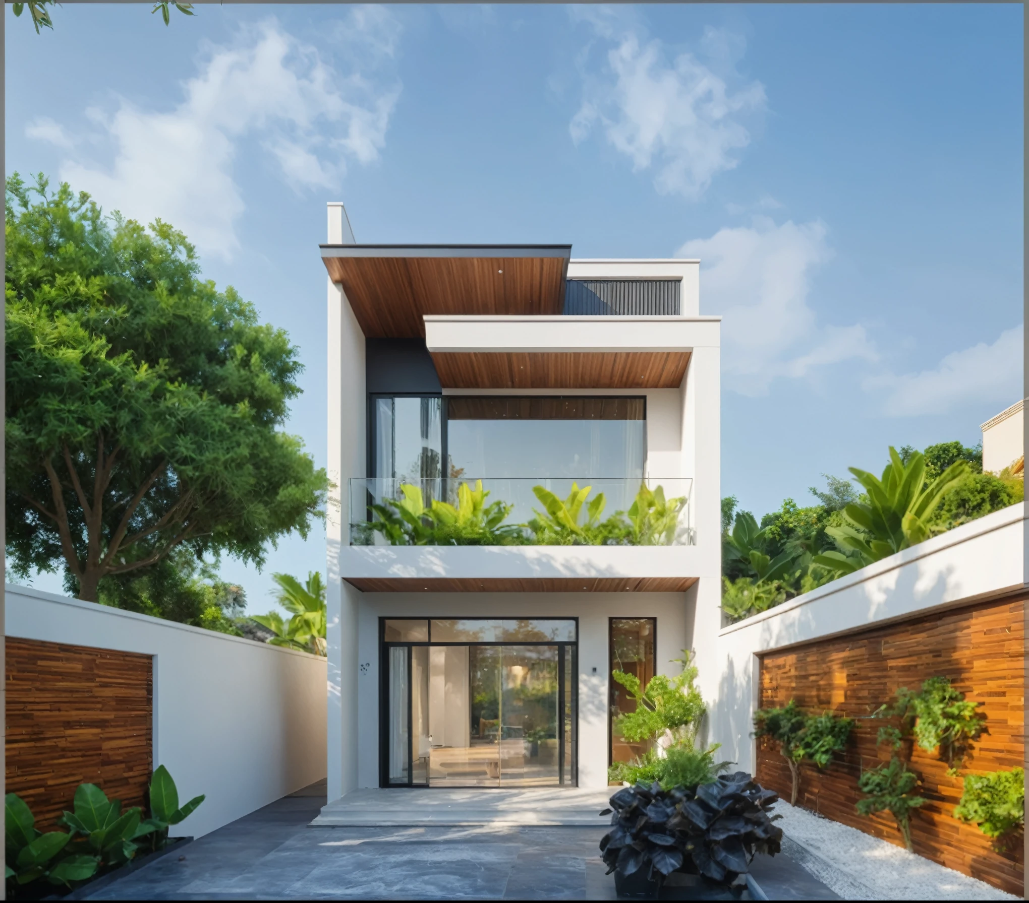 modern villa on street, (daylight), tropical tree, green shrub and plants, vivid color, streetcapes, minimalist design, brigth grey tone, (large glass door:1.2), warm interior lighting, modern material, best quality, ultra realistic, masterpiece,