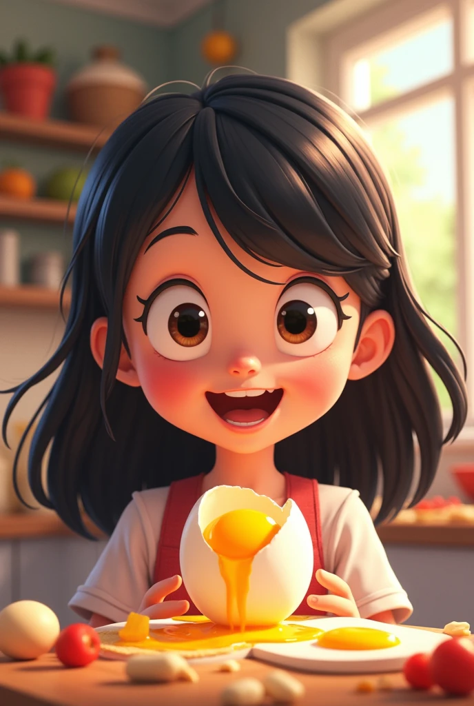 A poster, of a  girl, black hair, fair in complexion , nice smile, surprised , who has discovered that there is a egg york inside egg, people salute
