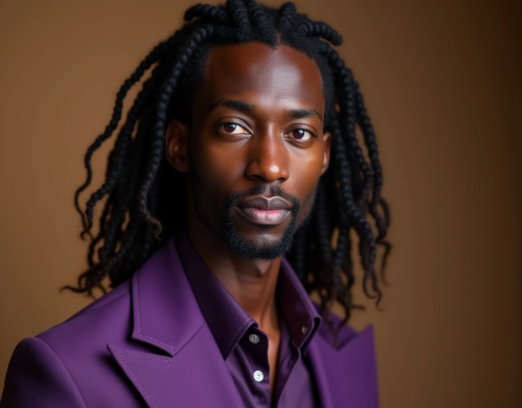 headshot of a very tall French-Nubian featured male, loose chemically relaxed waves parted to the side hair, toned body, ebony skin, vibrant purple eyes, tall thin toned body. Kind expression. Wearing brown and purple clothes.