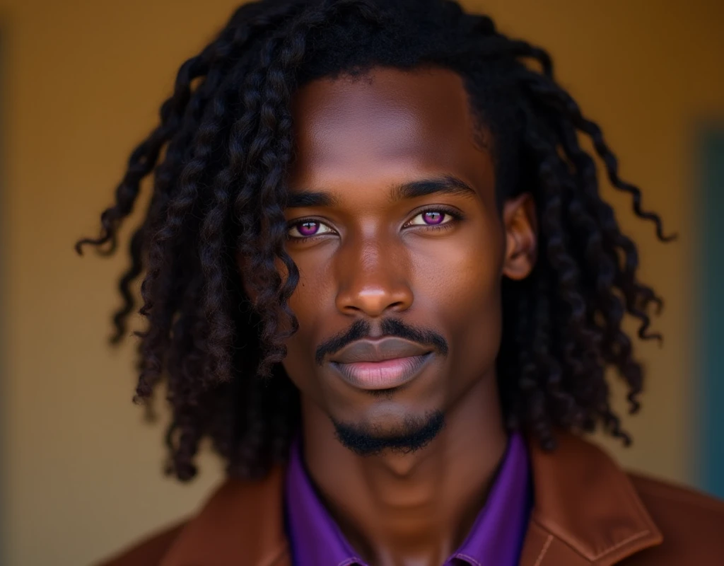 headshot of a very tall French-Nubian featured male, loose chemically relaxed waves parted to the side hair, toned body, ebony skin, vibrant purple eyes, tall thin toned body. Kind expression. Wearing brown and purple clothes.