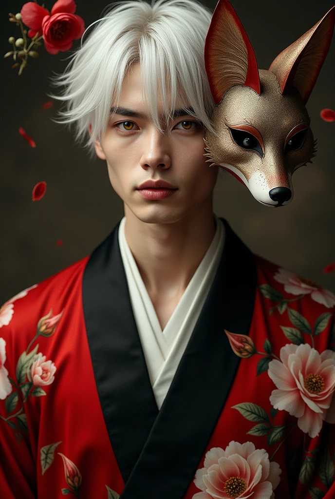 Male with white, short hair、Eyes are yellow、She is wearing a kimono.
She is wearing a fox mask on the right side of her head.、The kimono pattern is camellia。
It has a sophisticated feel.、The kimono is red and black。