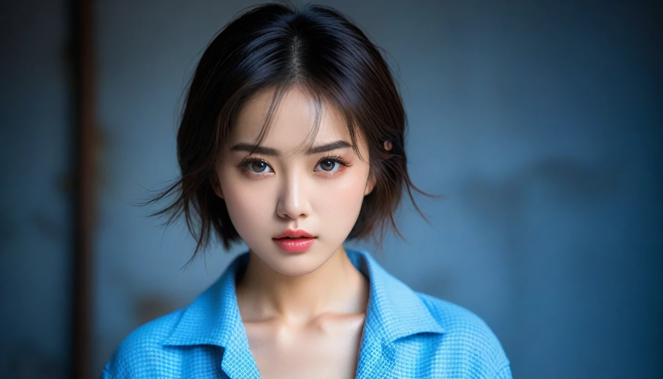 8k, Ultra-high resolution, Highest quality, masterpiece, 三分割法によるphotograph,Surreal, photograph, 1 , (:1.3), cute, cute顔, 細部までBeautiful Eyes, 細かくdetailedに,masterpiece,One Girl:1.2,Japanese women,Young Wife,cowboy shot,glaring,Black short hair,messy hair,(Dirty work clothes:1.3),Staring through the wire mesh,Blue Collar,Factory wall,(Beautiful attention to detail),Subtle details, detailedな顔,anger,Attractive eyes,(ポートレートphotograph:1.4),(Photorealistic images:1.4),Fantasy art,(Beautiful Face:1.4),美しくAttractive eyes、Beautiful Eyes、Grayscale 16Bits(Tight waist:1.4)、(Beautiful with perfect body proportions:1.4),Pink Lips,Looking at the audience,(((Ideal body type))),A-cup small breasts :2,、Portraiture:2、Perfect Anatomy、鮮明なdetailed、detailed,Fashion magazine cover,Thin lips,完璧でBeautiful Face ,完璧でcute顔, Skin with attention to detail, Perfect limbs、Narrow waist,Surreal,Light and shadow,backlighting
