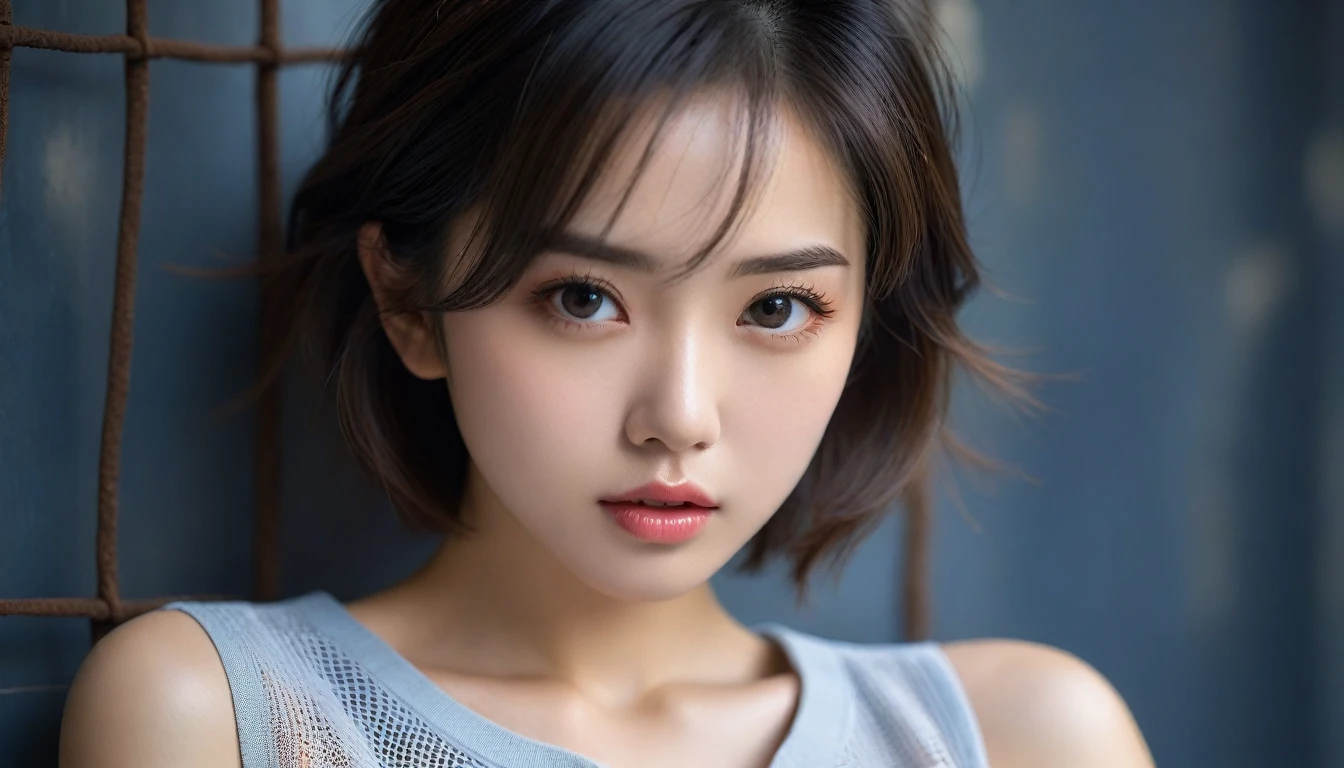 8k, Ultra-high resolution, Highest quality, masterpiece, 三分割法によるphotograph,Surreal, photograph, 1 , (:1.3), cute, cute顔, 細部までBeautiful Eyes, 細かくdetailedに,masterpiece,One Girl:1.2,Japanese women,Young Wife,cowboy shot,glaring,Black short hair,messy hair,(Dirty work clothes:1.3),Staring through the wire mesh,Blue Collar,Factory wall,(Beautiful attention to detail),Subtle details, detailedな顔,anger,Attractive eyes,(ポートレートphotograph:1.4),(Photorealistic images:1.4),Fantasy art,(Beautiful Face:1.4),美しくAttractive eyes、Beautiful Eyes、Grayscale 16Bits(Tight waist:1.4)、(Beautiful with perfect body proportions:1.4),Pink Lips,Looking at the audience,(((Ideal body type))),A-cup small breasts :2,、Portraiture:2、Perfect Anatomy、鮮明なdetailed、detailed,Fashion magazine cover,Thin lips,完璧でBeautiful Face ,完璧でcute顔, Skin with attention to detail, Perfect limbs、Narrow waist,Surreal,Light and shadow,backlighting