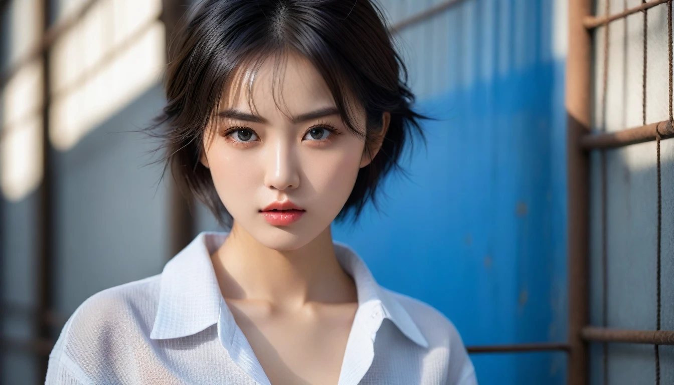 8k, Ultra-high resolution, Highest quality, masterpiece, 三分割法によるphotograph,Surreal, photograph, 1 , (:1.3), cute, cute顔, 細部までBeautiful Eyes, 細かくdetailedに,masterpiece,One Girl:1.2,Japanese women,Young Wife,cowboy shot,glaring,Black short hair,messy hair,(Dirty work clothes:1.3),Staring through the wire mesh,Blue Collar,Factory wall,(Beautiful attention to detail),Subtle details, detailedな顔,anger,Attractive eyes,(ポートレートphotograph:1.4),(Photorealistic images:1.4),Fantasy art,(Beautiful Face:1.4),美しくAttractive eyes、Beautiful Eyes、Grayscale 16Bits(Tight waist:1.4)、(Beautiful with perfect body proportions:1.4),Pink Lips,Looking at the audience,(((Ideal body type))),A-cup small breasts :2,、Portraiture:2、Perfect Anatomy、鮮明なdetailed、detailed,Fashion magazine cover,Thin lips,完璧でBeautiful Face ,完璧でcute顔, Skin with attention to detail, Perfect limbs、Narrow waist,Surreal,Light and shadow,backlighting