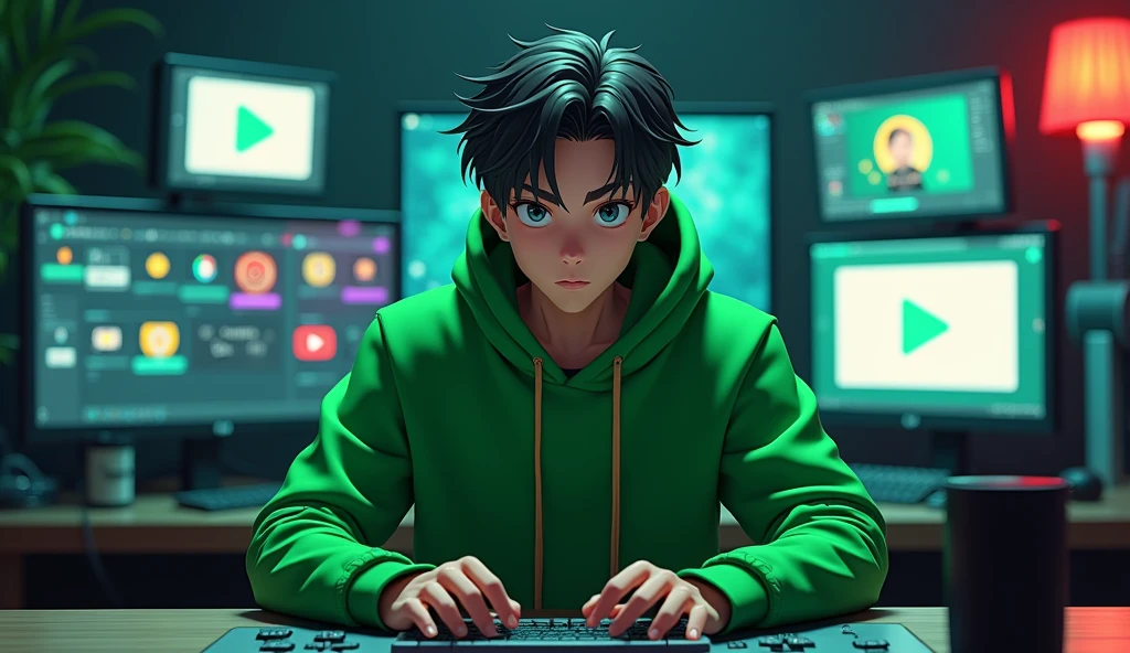 Create an anime-style image of a young male character, aged between 18 and 22, dressed in green clothing. He should be sitting in a modern editing studio, facing forward and making eye contact with the viewer. The studio should have YouTube-related elements in the background, such as play buttons or channel icons, and various editing tools like a computer, keyboard, and graphic tablet should be visible. The background should be dark with matching lighting that complements the green of the character’s clothing, creating a cohesive and atmospheric look. The character should not be looking at a computer screen but instead should be looking directly at the viewer with a focused expression.( Anime realistic 3D render ) Make same person with multiple angle